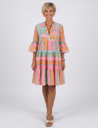 Geometric print V-neck tiered knee-length dress, multicolor pink, orange, teal, gray