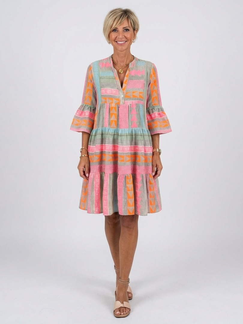 Geometric print V-neck tiered knee-length dress, multicolor pink, orange, teal, gray