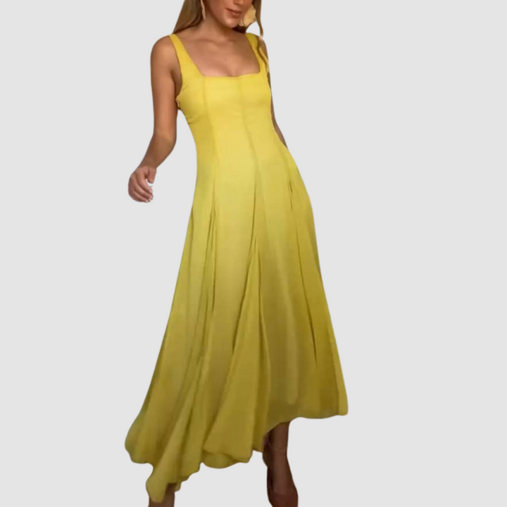Suzy™ strappy maxi dress, square neckline and pleated skirt in yellow