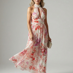 Elyon floral maxi dress with halter neckline, gathered waist, and flowy chiffon skirt