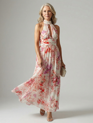 Elyon floral maxi dress with halter neckline, gathered waist, and flowy chiffon skirt