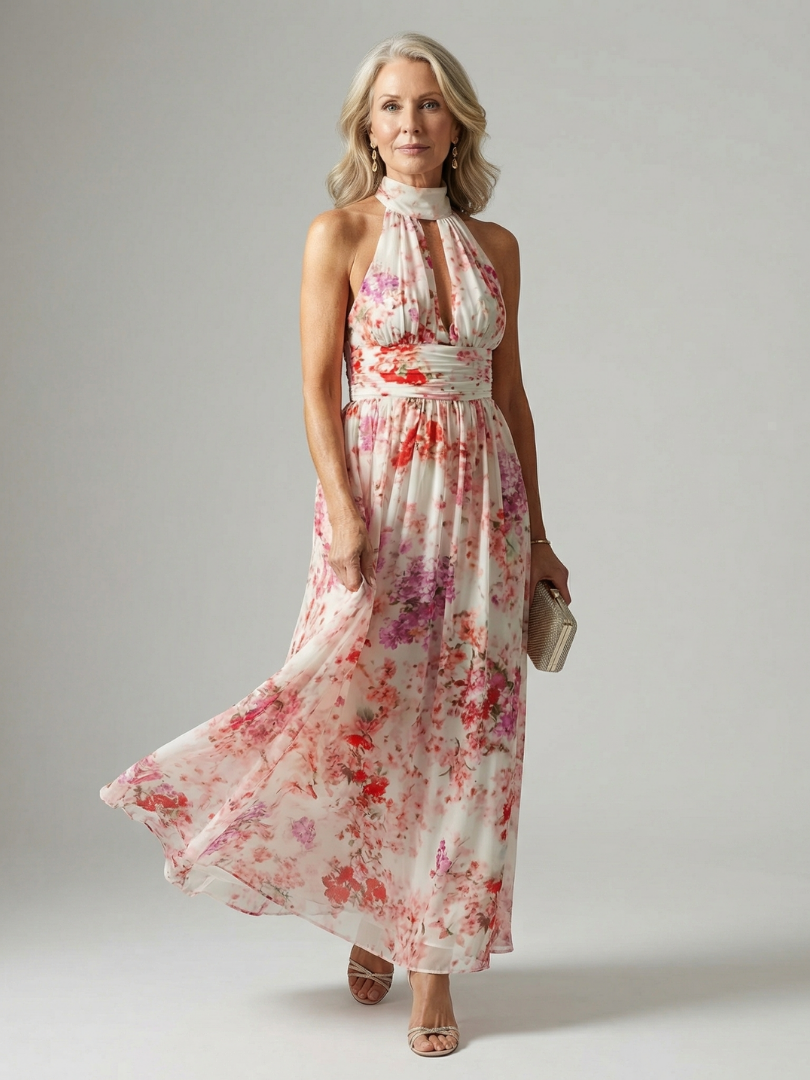 Elyon floral maxi dress with halter neckline, gathered waist, and flowy chiffon skirt