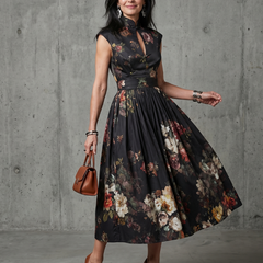 Black floral pleated midi dress with high-neck keyhole and sleeveless bodice