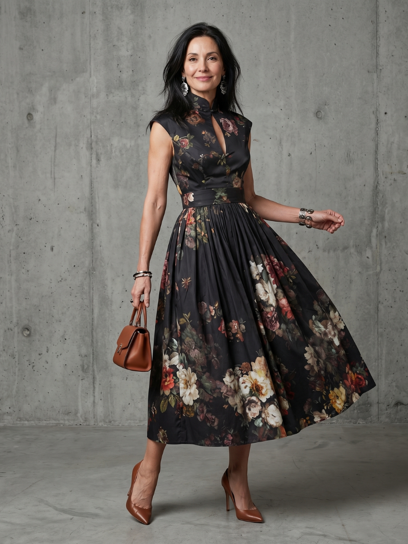 Black floral pleated midi dress with high-neck keyhole and sleeveless bodice