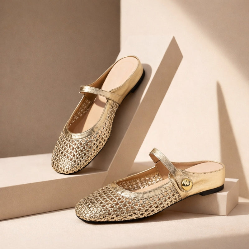 Gold woven orthopedic mule flats with round toe, slip-on back, top strap and button