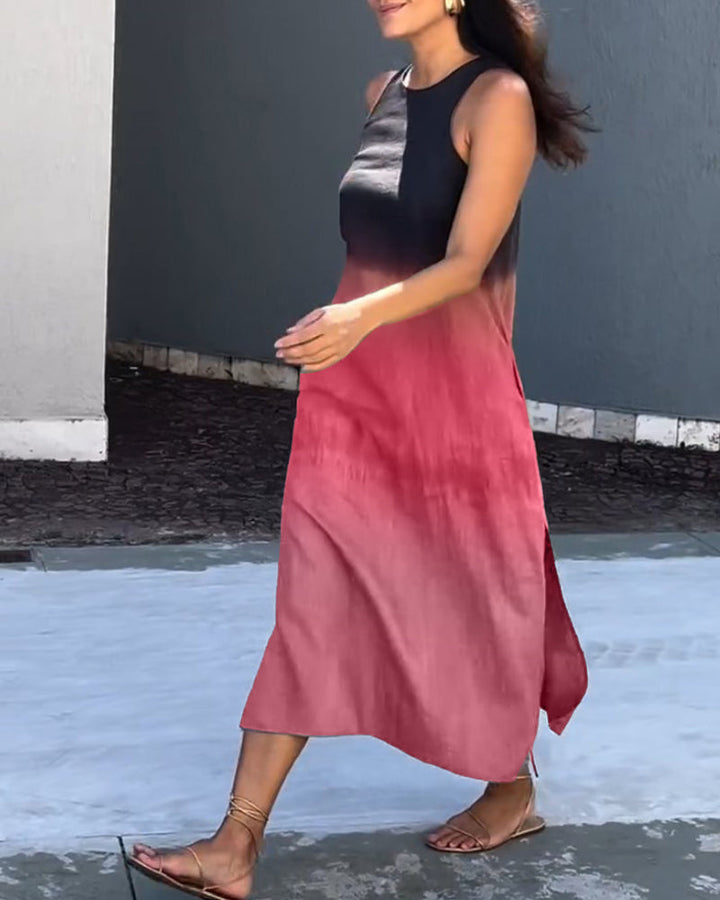 Red ombre sleeveless midi dress with round neckline and side slit
