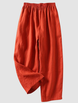 Orange linen wide-leg pants with elastic waistband, ankle-length