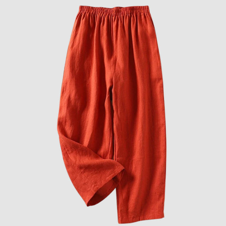 Orange linen wide-leg pants with elastic waistband, ankle-length