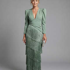 Green long-sleeve midi fringe wrap dress with V-neck and tiered tassel hem