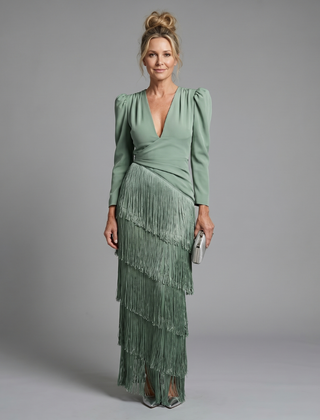 Green long-sleeve midi fringe wrap dress with V-neck and tiered tassel hem