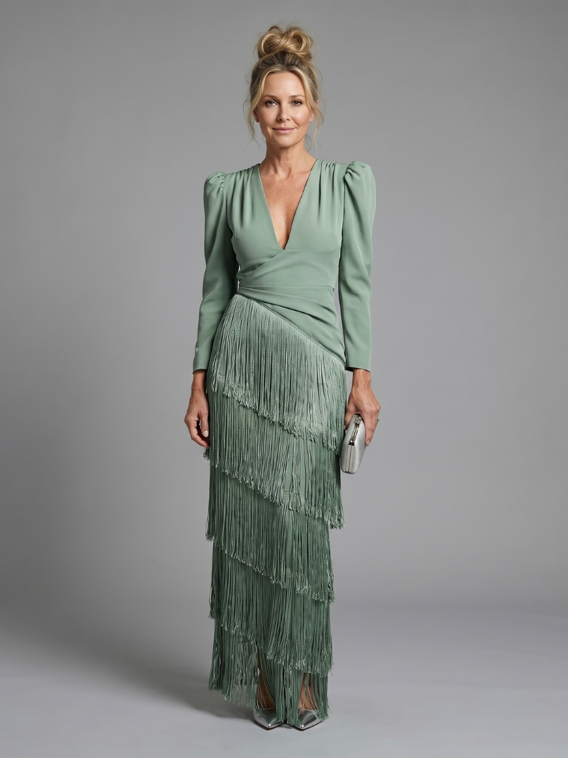 Green long-sleeve midi fringe wrap dress with V-neck and tiered tassel hem