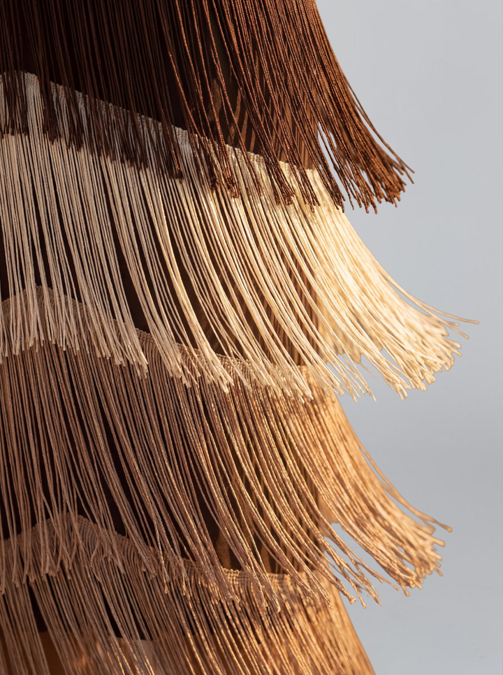 Brown fringe dress detail, tiered tassel strands along the hem and skirt