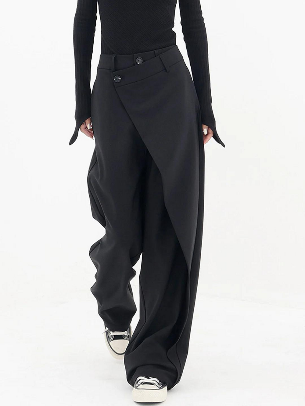 Black baggy trousers with belt loops, button front, and diagonal front panel
