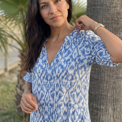 Blue patterned midi dress with V-neck and short sleeves, front view