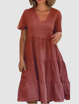 Rust red V-neck short-sleeve soft dress with tiered ruffle skirt and loose fit
