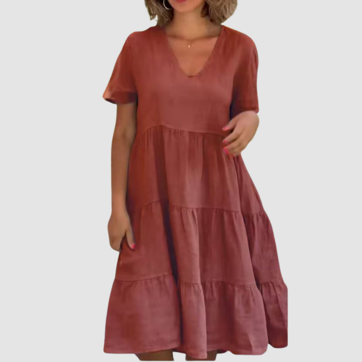 Rust red V-neck short-sleeve soft dress with tiered ruffle skirt and loose fit