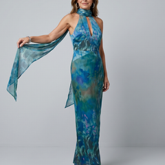 Blue printed keyhole halter maxi dress with sleeveless cut and draped side tie