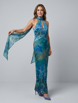 Blue printed keyhole halter maxi dress with sleeveless cut and draped side tie