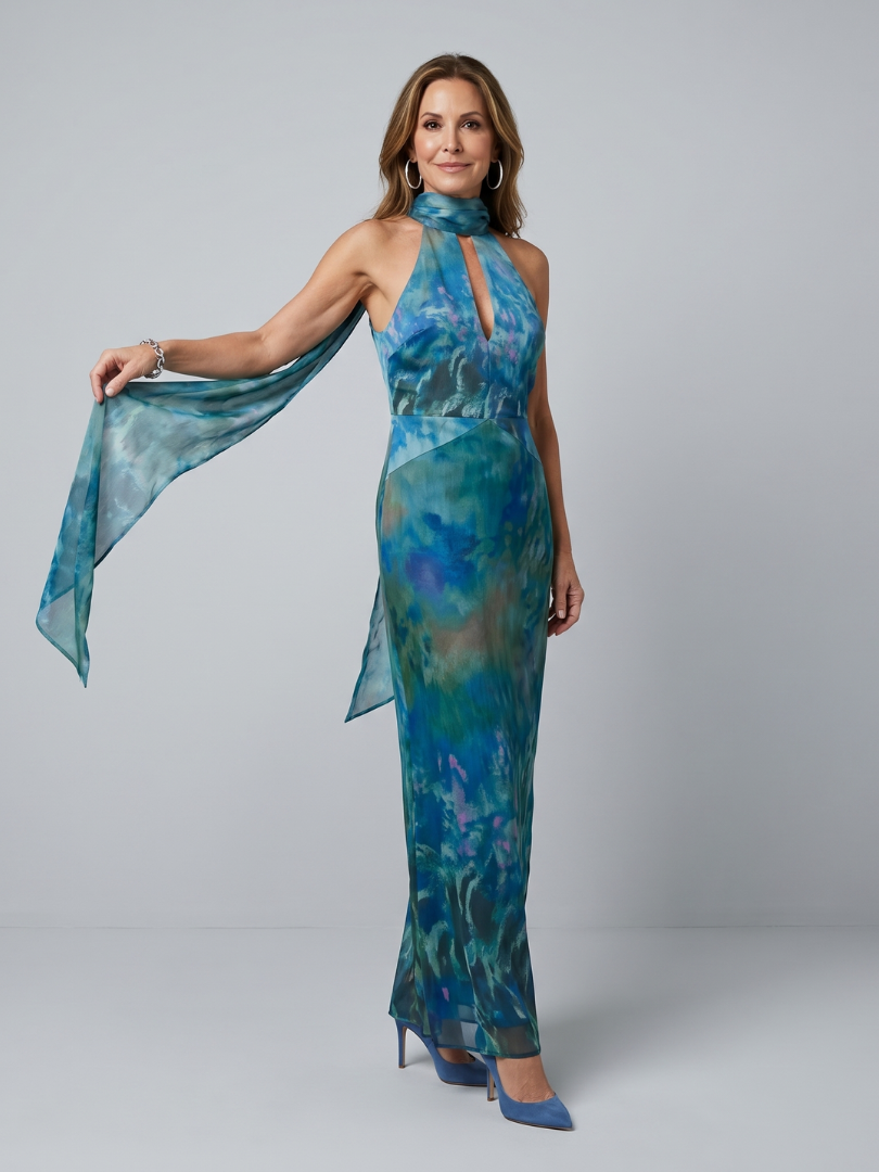 Blue printed keyhole halter maxi dress with sleeveless cut and draped side tie