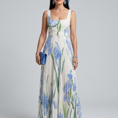 Sleeveless square-neck midi dress in white with blue and green floral print