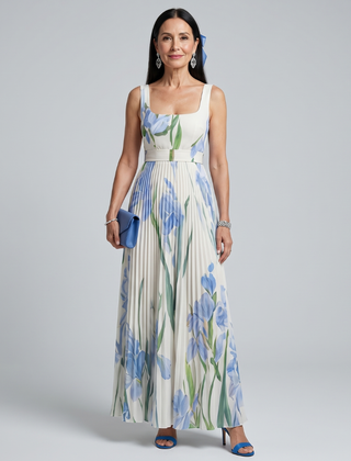 Sleeveless square-neck midi dress in white with blue and green floral print