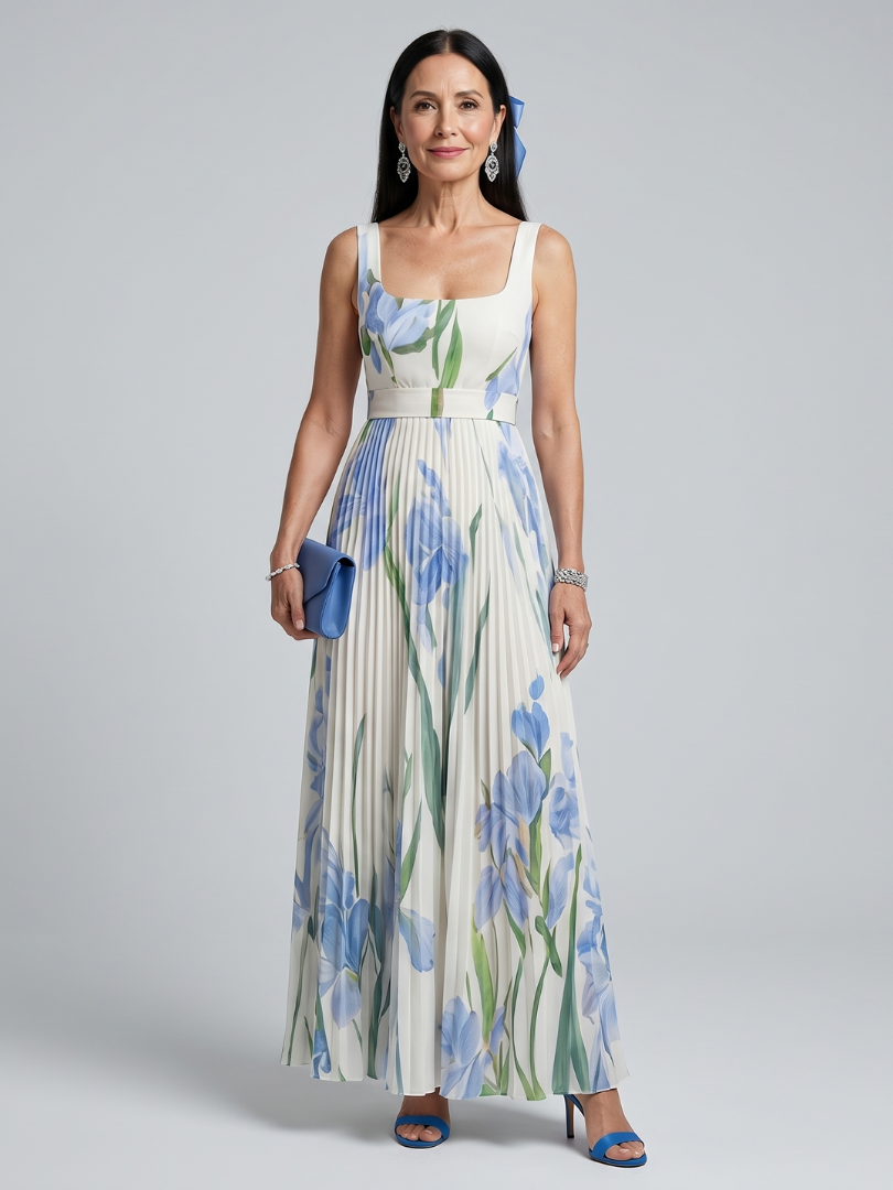 Sleeveless square-neck midi dress in white with blue and green floral print