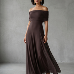 Off-shoulder draped midi dress in brown, ruched neckline and flowing A-line skirt