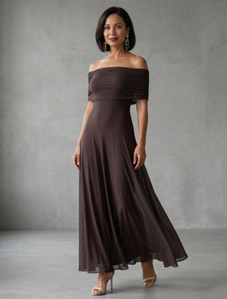 Off-shoulder draped midi dress in brown, ruched neckline and flowing A-line skirt