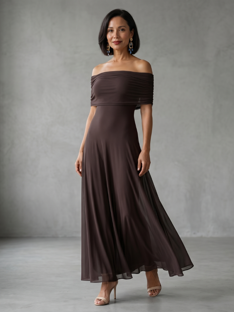 Off-shoulder draped midi dress in brown, ruched neckline and flowing A-line skirt
