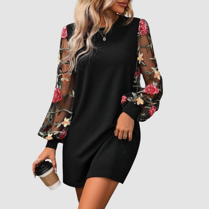 Black lace long-sleeve shift dress with sheer floral rose sleeves