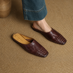 Brown woven-leather mule with square toe and low heel