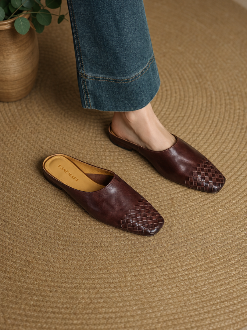 Brown woven-leather mule with square toe and low heel