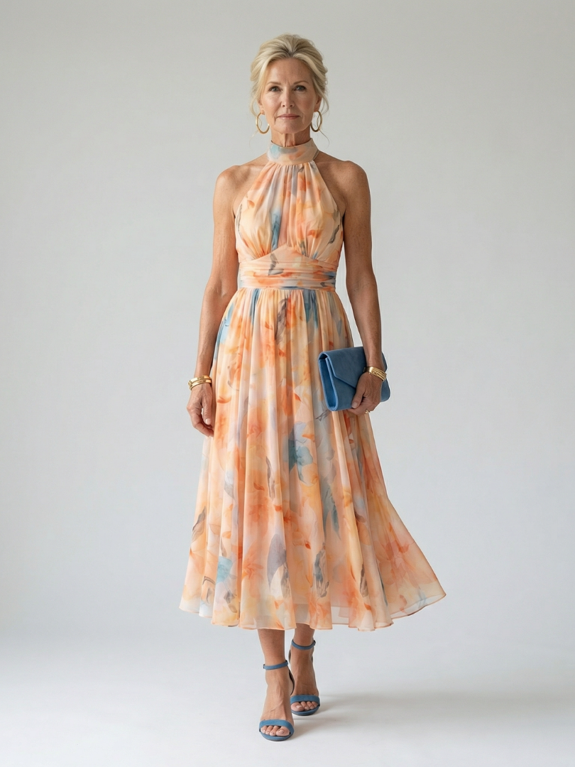 Soft halter midi dress with pastel orange and blue watercolor print, gathered waist