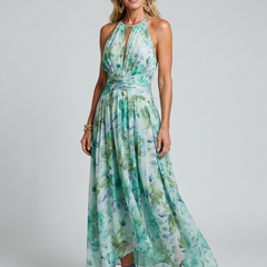 Green pleated halter maxi dress with floral print, gathered waist and keyhole neckline