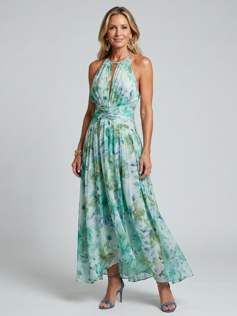 Green pleated halter maxi dress with floral print, gathered waist and keyhole neckline
