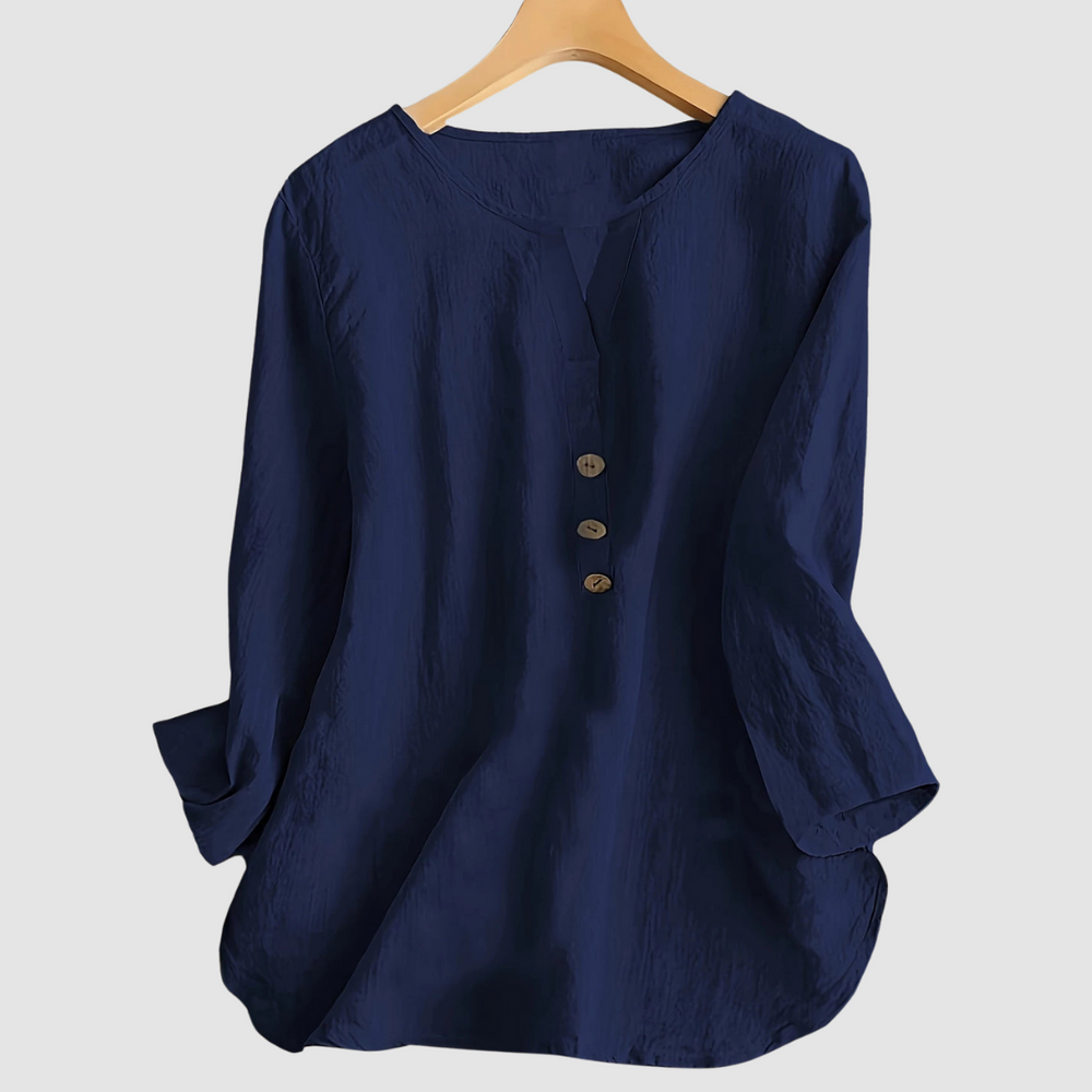 Blue cotton-linen blouse, relaxed fit with buttoned placket and long sleeves