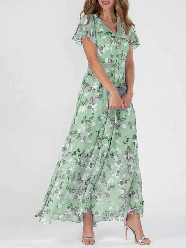 Green floral maxi dress with ruffled short sleeves and V-neck bodice