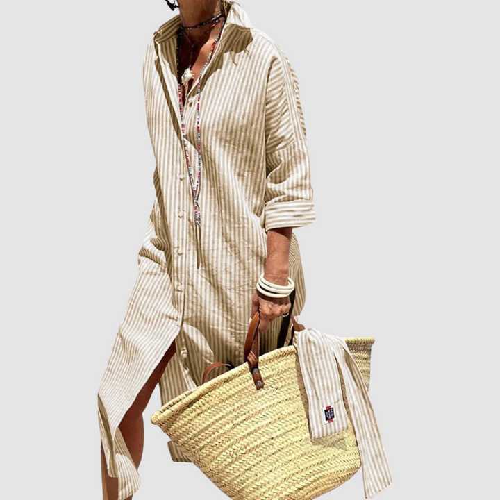 Striped summer shirt dress, beige with vertical thin stripes and button front
