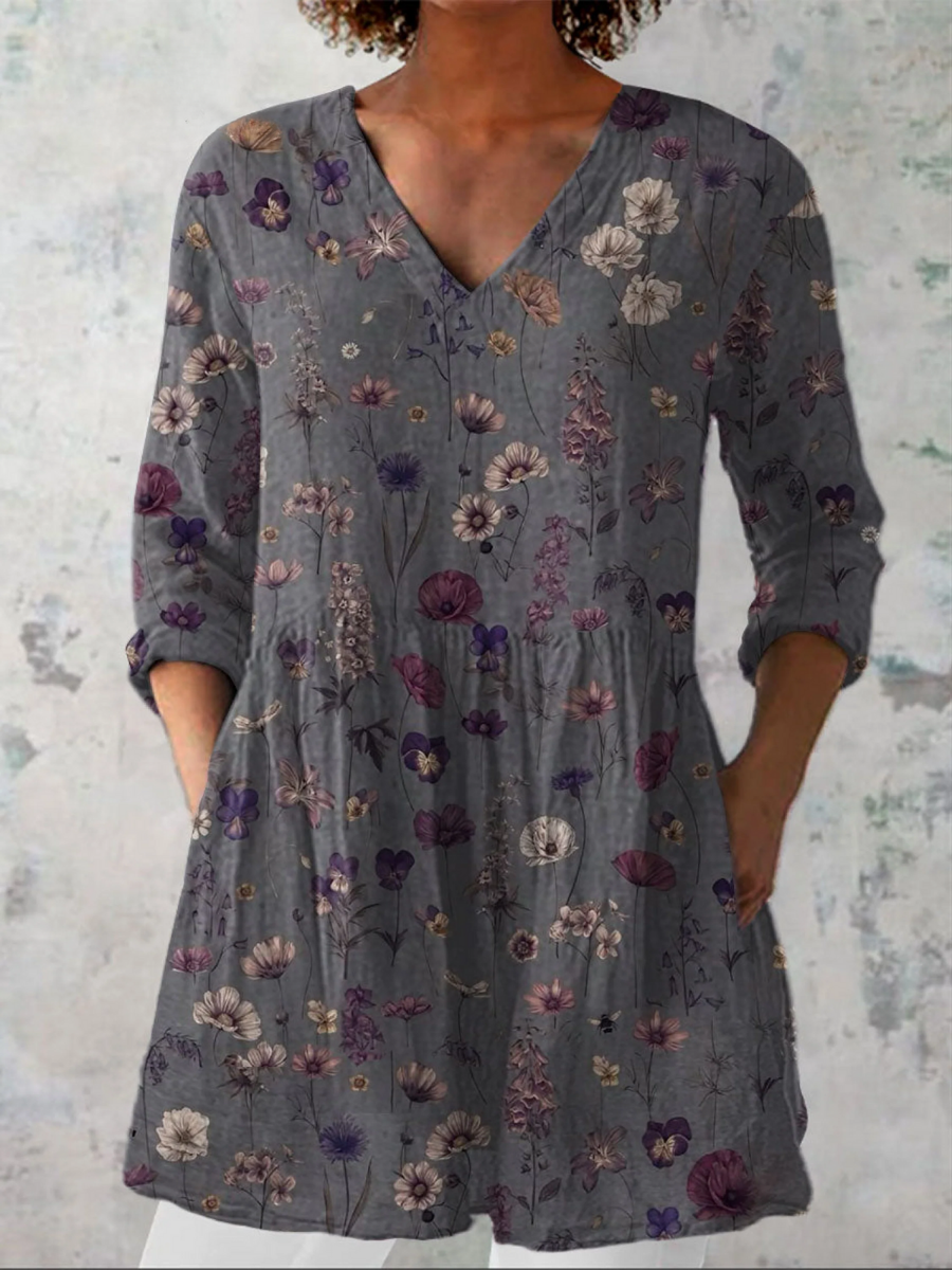 Gray floral long-sleeve V-neck blouse with relaxed fit