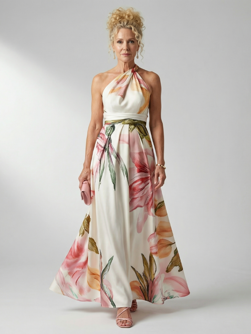 Light floral maxi dress with halter neck, pink and green flowers on a cream base