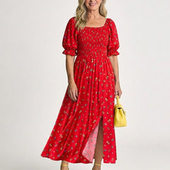 Red floral square-neck midi dress with puff sleeves, gathered waist, and side slit
