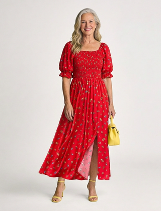 Red floral square-neck midi dress with puff sleeves, gathered waist, and side slit
