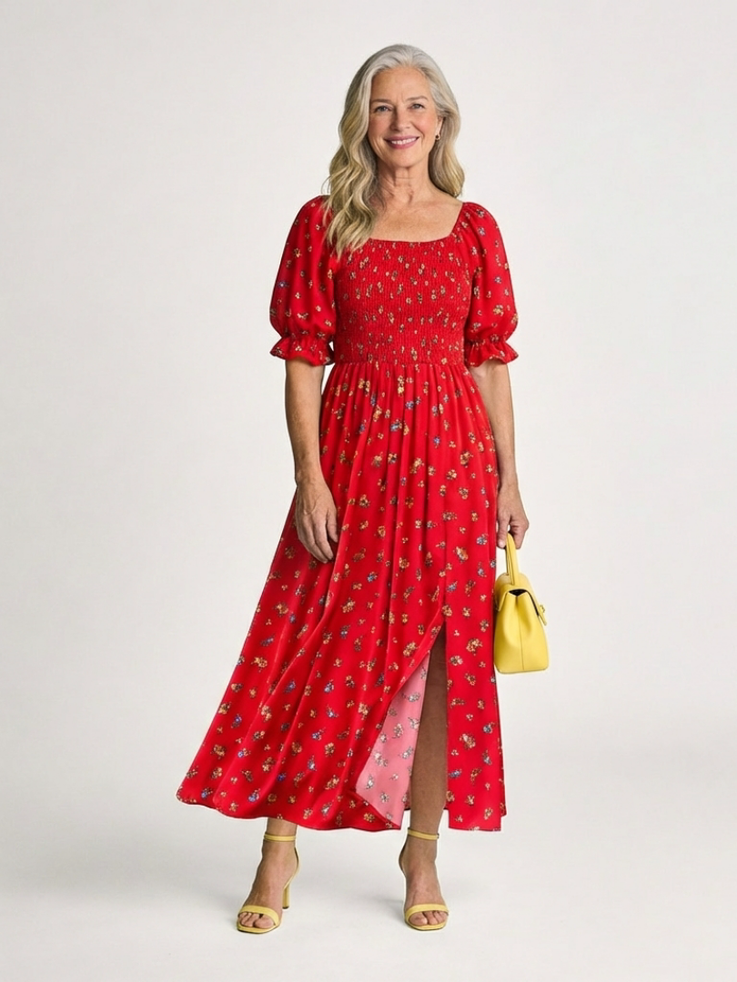 Red floral square-neck midi dress with puff sleeves, gathered waist, and side slit