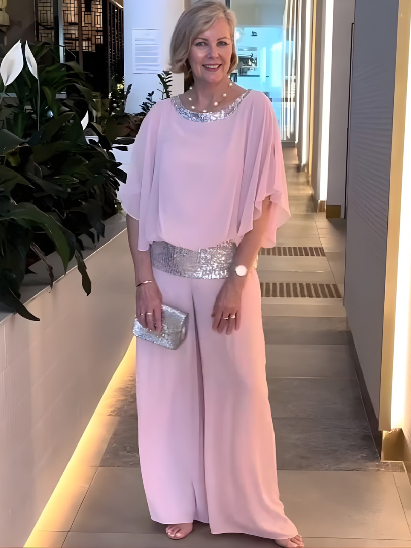 Women's elegant draped top and palazzo set with sequin waist, pink; clutch