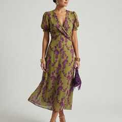 Olive and purple floral midi wrap dress with V-neck, puff sleeves, and tied waist