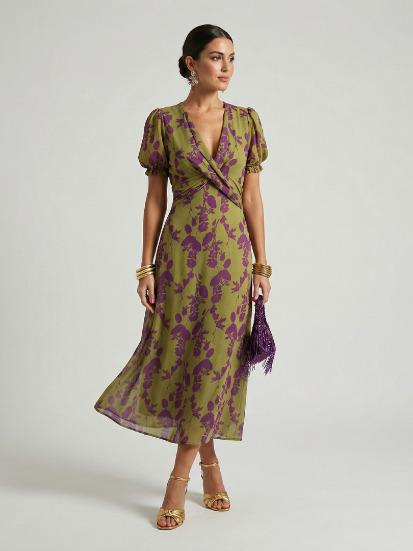 Olive and purple floral midi wrap dress with V-neck, puff sleeves, and tied waist