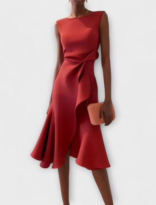 Red draped asymmetric midi dress, sleeveless with knotted side detail and flared hem