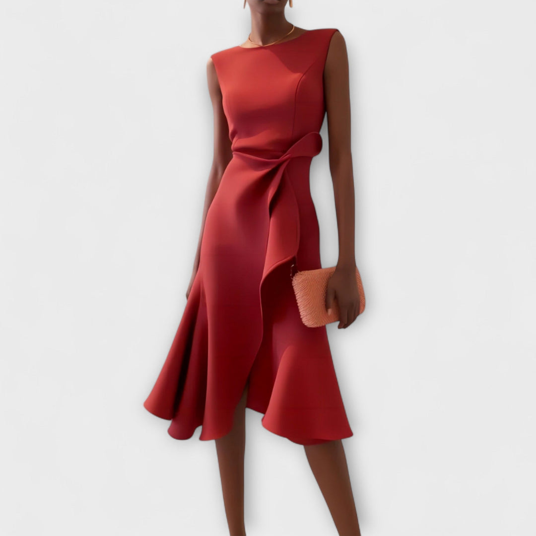 Red draped asymmetric midi dress, sleeveless with knotted side detail and flared hem