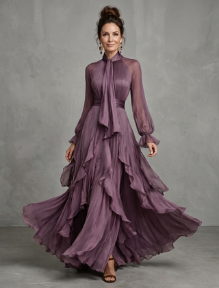Purple tie-neck tiered maxi dress with long sheer sleeves and ruffle layers