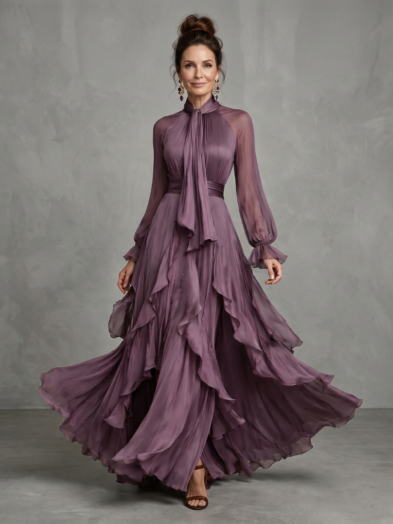 Purple tie-neck tiered maxi dress with long sheer sleeves and ruffle layers